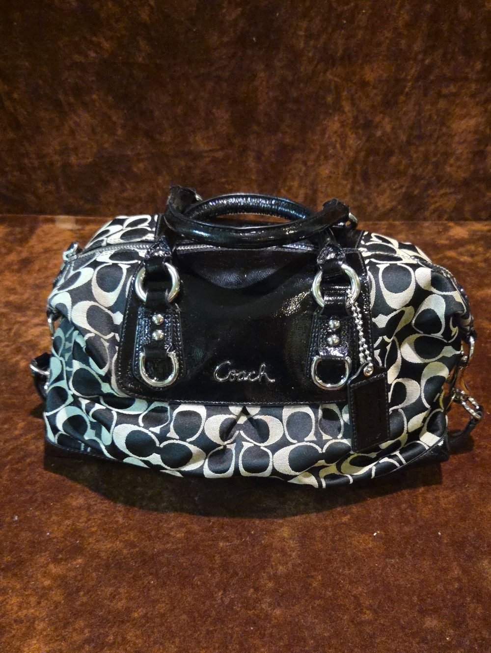 Coach Black and White Signature Canvas Satchel with Patent Trim
